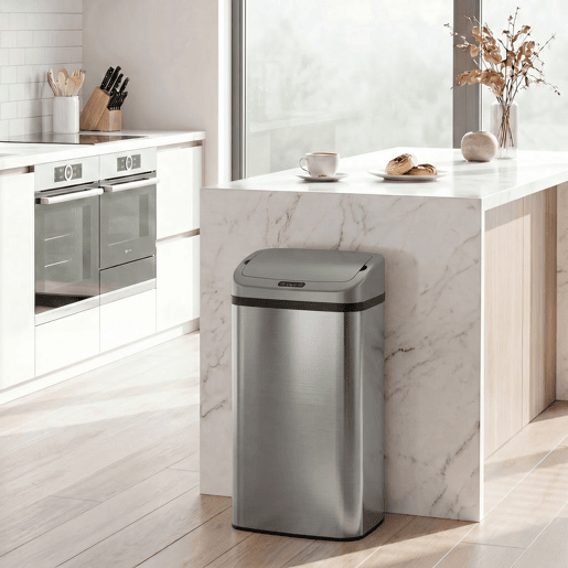 HOMCOM Balde de Lixo Automático para Cozinha 48 L Aço Inoxidável Sensor Infravermelho Fechamento Automático Antimarcas de Dedos para Escritório 33x25x69 cm Prata