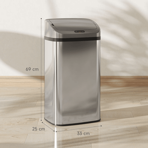 HOMCOM Balde de Lixo Automático para Cozinha 48 L Aço Inoxidável Sensor Infravermelho Fechamento Automático Antimarcas de Dedos para Escritório 33x25x69 cm Prata