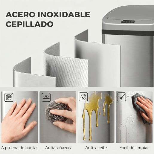 HOMCOM Balde de Lixo Automático para Cozinha 48 L Aço Inoxidável Sensor Infravermelho Fechamento Automático Antimarcas de Dedos para Escritório 33x25x69 cm Prata