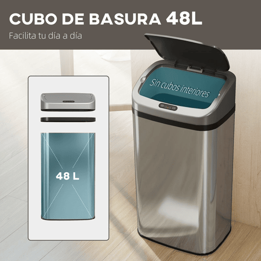 HOMCOM Balde de Lixo Automático para Cozinha 48 L Aço Inoxidável Sensor Infravermelho Fechamento Automático Antimarcas de Dedos para Escritório 33x25x69 cm Prata