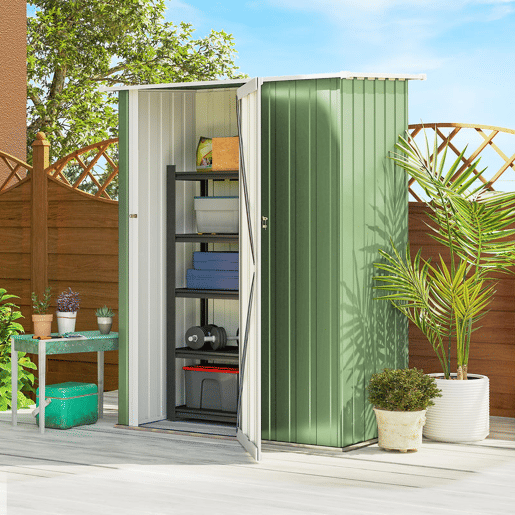 Outsunny Abrigo de Jardim 1,07? 142x84x189 cm Abrigo de Armazenamento Galvanizado Abrigo de Ferramentas com Teto Inclinado e Porta para Varanda Exterior Verde Claro