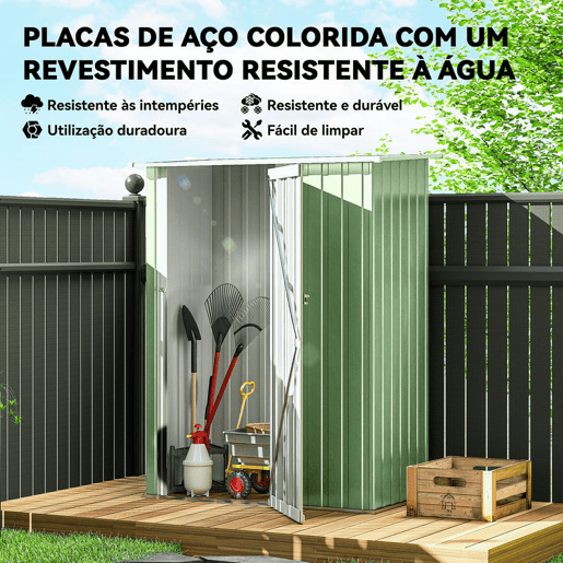 Outsunny Abrigo de Jardim 1,07? 142x84x189 cm Abrigo de Armazenamento Galvanizado Abrigo de Ferramentas com Teto Inclinado e Porta para Varanda Exterior Verde Claro