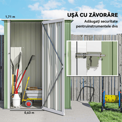 Outsunny Abrigo de Jardim 1,07? 142x84x189 cm Abrigo de Armazenamento Galvanizado Abrigo de Ferramentas com Teto Inclinado e Porta para Varanda Exterior Verde Claro
