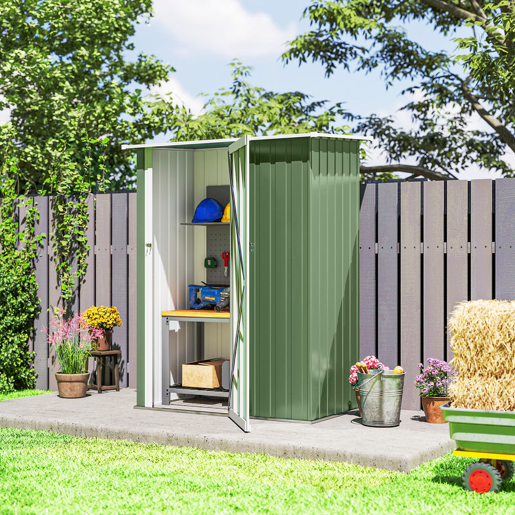 Outsunny Abrigo de Jardim 1,07? 142x84x189 cm Abrigo de Armazenamento Galvanizado Abrigo de Ferramentas com Teto Inclinado e Porta para Varanda Exterior Verde Claro