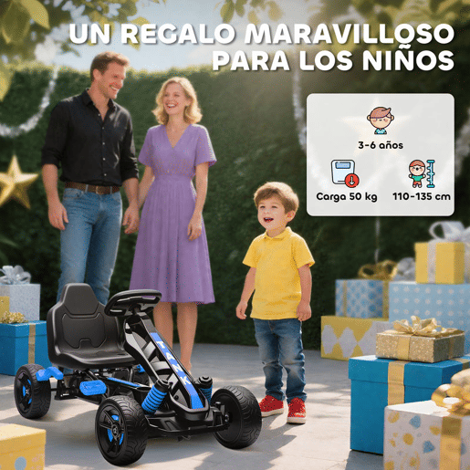 AIYAPLAY Kart a Pedais para Crianças a Partir dos 3 Anos Kart com Embraiagem Automática Travão Rodas Antiderrapantes em EVA e Estrutura Metálica Carga 50 kg 100x59x60,5 cm Azul
