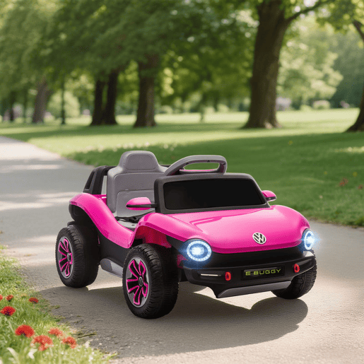 AIYAPLAY Carro Elétrico para Crianças acima de 3 Anos Volkswagen E-Buggy Bateria 12V com Controlo Remoto 2,4 G Rodas com Suspensão Faróis LED Música USB e Motor Duplo 98x56,5x47 cm Rosa