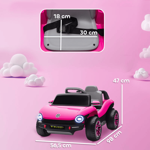 AIYAPLAY Carro Elétrico para Crianças acima de 3 Anos Volkswagen E-Buggy Bateria 12V com Controlo Remoto 2,4 G Rodas com Suspensão Faróis LED Música USB e Motor Duplo 98x56,5x47 cm Rosa