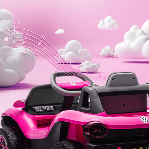 AIYAPLAY Carro Elétrico para Crianças acima de 3 Anos Volkswagen E-Buggy Bateria 12V com Controlo Remoto 2,4 G Rodas com Suspensão Faróis LED Música USB e Motor Duplo 98x56,5x47 cm Rosa