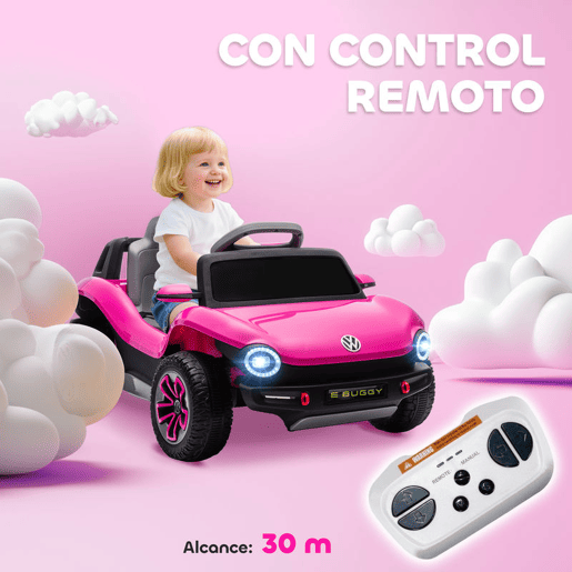 AIYAPLAY Carro Elétrico para Crianças acima de 3 Anos Volkswagen E-Buggy Bateria 12V com Controlo Remoto 2,4 G Rodas com Suspensão Faróis LED Música USB e Motor Duplo 98x56,5x47 cm Rosa