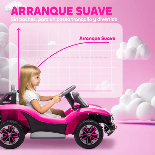 AIYAPLAY Carro Elétrico para Crianças acima de 3 Anos Volkswagen E-Buggy Bateria 12V com Controlo Remoto 2,4 G Rodas com Suspensão Faróis LED Música USB e Motor Duplo 98x56,5x47 cm Rosa
