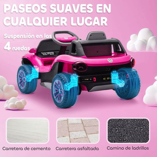 AIYAPLAY Carro Elétrico para Crianças acima de 3 Anos Volkswagen E-Buggy Bateria 12V com Controlo Remoto 2,4 G Rodas com Suspensão Faróis LED Música USB e Motor Duplo 98x56,5x47 cm Rosa