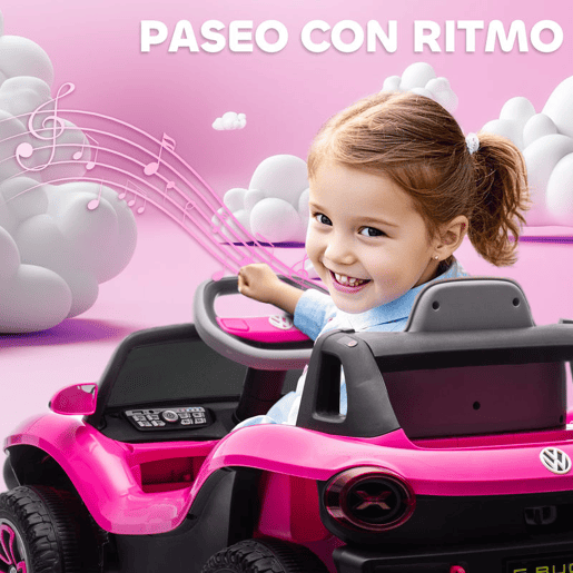 AIYAPLAY Carro Elétrico para Crianças acima de 3 Anos Volkswagen E-Buggy Bateria 12V com Controlo Remoto 2,4 G Rodas com Suspensão Faróis LED Música USB e Motor Duplo 98x56,5x47 cm Rosa