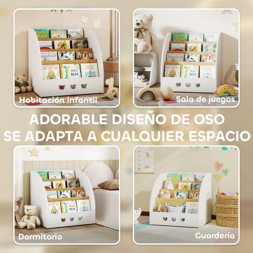 AIYAPLAY Estante Infantil para Brinquedos Organizador de Brinquedos de 4 Níveis com Compartimento Oculto para Quarto Infantil Sala de Jogos Creche 60x53x60 cm Branco e Madeira