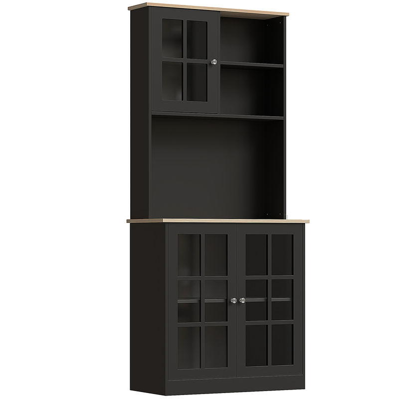 Homcom alacena de cocina, mueble auxiliar de cocina, con 3 puertas de vidrio, encimera abierta para microondas, estantes ajustables, compartimentos abiertos, 80x37x183 cm, negro