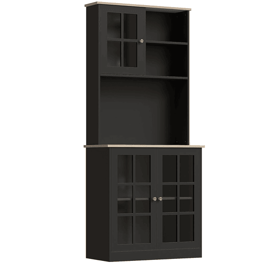 HOMCOM Armário de Cozinha com Prateleiras e Portas de Vidro Armário Alto de Cozinha para Pequenos Eletrodomésticos e Louças 80x37x183 cm Preto