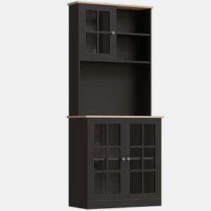 HOMCOM Armário de Cozinha com Prateleiras e Portas de Vidro Armário Alto de Cozinha para Pequenos Eletrodomésticos e Louças 80x37x183 cm Preto