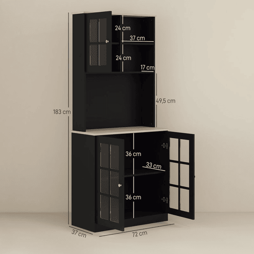 HOMCOM Armário de Cozinha com Prateleiras e Portas de Vidro Armário Alto de Cozinha para Pequenos Eletrodomésticos e Louças 80x37x183 cm Preto