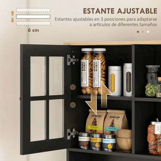 HOMCOM Armário de Cozinha com Prateleiras e Portas de Vidro Armário Alto de Cozinha para Pequenos Eletrodomésticos e Louças 80x37x183 cm Preto