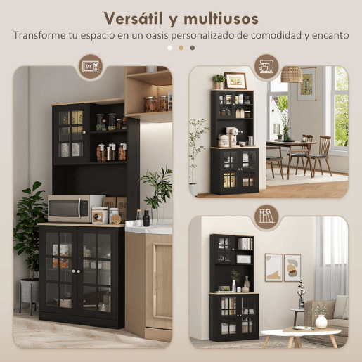 HOMCOM Armário de Cozinha com Prateleiras e Portas de Vidro Armário Alto de Cozinha para Pequenos Eletrodomésticos e Louças 80x37x183 cm Preto