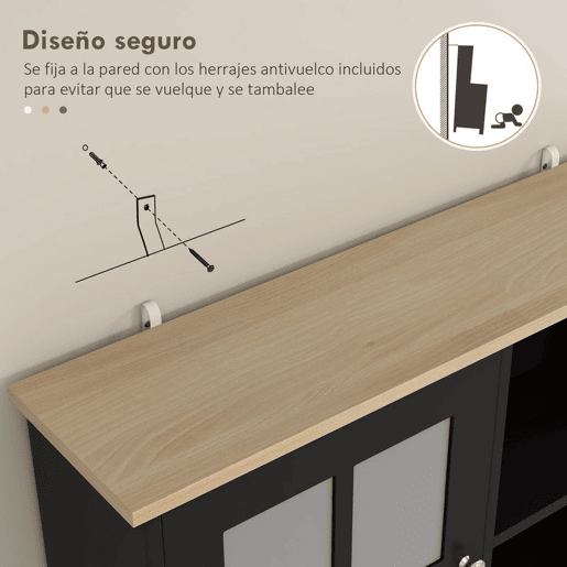 HOMCOM Armário de Cozinha com Prateleiras e Portas de Vidro Armário Alto de Cozinha para Pequenos Eletrodomésticos e Louças 80x37x183 cm Preto