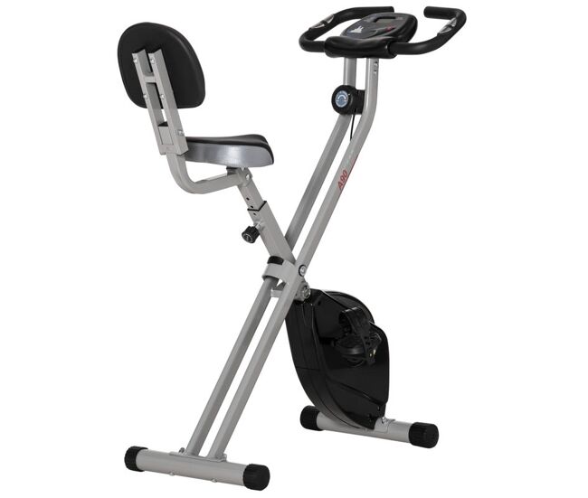 Homcom bicicleta estática plegable con respaldo, bici estática con 8 niveles resistencia magnética, volante, pantalla lcd, pulsómetro, sillín ajustable, bandas, carga 110 kg compacta para hogar gris