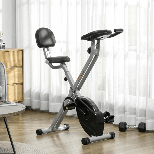 HOMCOM Bicicleta Estática Dobrável com 8 Níveis de Resistência Magnética Bicicleta Vertical com Volante de Inércia Ritmo Cardíaco Pulsómetro Assento Ajustável Carga 110 kg 43x97x109 cm Cinzento