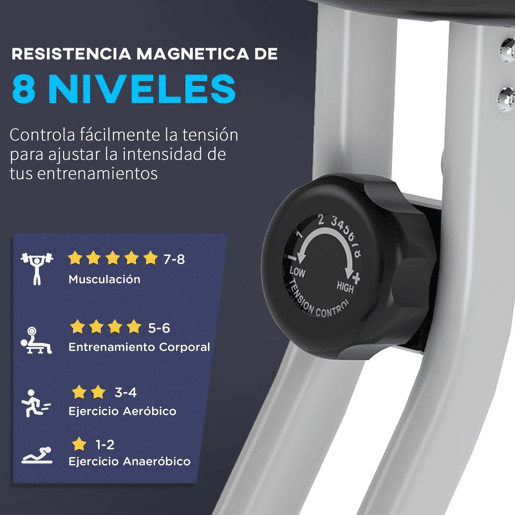 HOMCOM Bicicleta Estática Dobrável com 8 Níveis de Resistência Magnética Bicicleta Vertical com Volante de Inércia Ritmo Cardíaco Pulsómetro Assento Ajustável Carga 110 kg 43x97x109 cm Cinzento