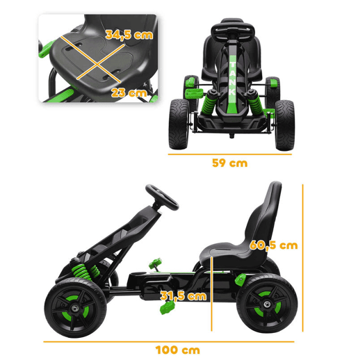 AIYAPLAY Kart a Pedais para Crianças a Partir dos 3 Anos Kart com Embraiagem Automática Travão Rodas Antiderrapantes em EVA e Estrutura Metálica Carga 50 kg 100x59x60,5 cm Verde