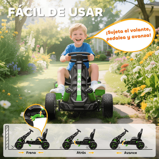 AIYAPLAY Kart a Pedais para Crianças a Partir dos 3 Anos Kart com Embraiagem Automática Travão Rodas Antiderrapantes em EVA e Estrutura Metálica Carga 50 kg 100x59x60,5 cm Verde