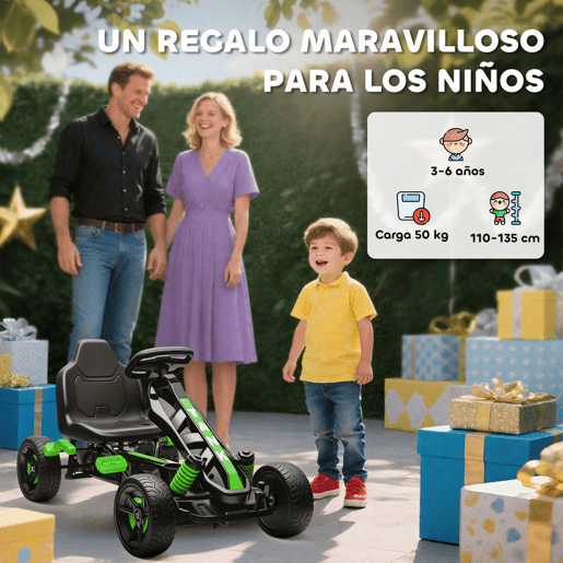 AIYAPLAY Kart a Pedais para Crianças a Partir dos 3 Anos Kart com Embraiagem Automática Travão Rodas Antiderrapantes em EVA e Estrutura Metálica Carga 50 kg 100x59x60,5 cm Verde