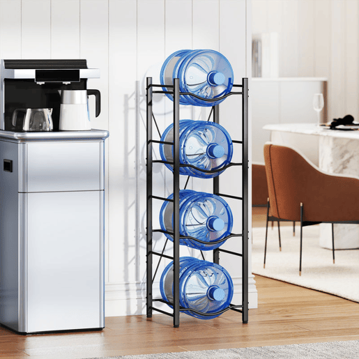 HOMCOM Suporte para Garrafões de Água de 4 Níveis Estante de Armazenamento para Garrafas de Água com Estrutura de Metal Reforçada para Cozinha Sala de Jantar Sala de Estar 34x34x105 cm Preto