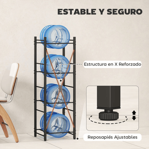 HOMCOM Suporte para Garrafões de Água de 4 Níveis Estante de Armazenamento para Garrafas de Água com Estrutura de Metal Reforçada para Cozinha Sala de Jantar Sala de Estar 34x34x105 cm Preto