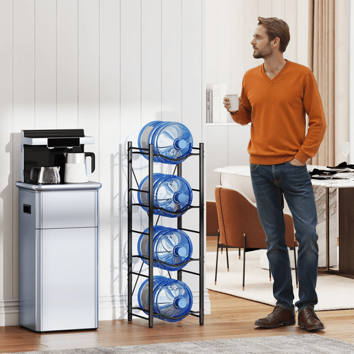 HOMCOM Suporte para Garrafões de Água de 4 Níveis Estante de Armazenamento para Garrafas de Água com Estrutura de Metal Reforçada para Cozinha Sala de Jantar Sala de Estar 34x34x105 cm Preto