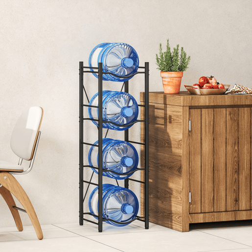 HOMCOM Suporte para Garrafões de Água de 4 Níveis Estante de Armazenamento para Garrafas de Água com Estrutura de Metal Reforçada para Cozinha Sala de Jantar Sala de Estar 34x34x105 cm Preto