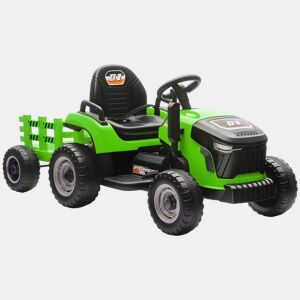 AIYAPLAY Trator Elétrico para Crianças com Reboque Desmontável Bateria 12V Velocidade 3-5 kmh Controle Remoto 2,4G Música Buzina para Crianças de 3-8 Anos 139x58x55 cm Verde
