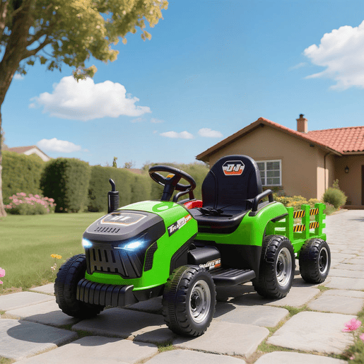 AIYAPLAY Trator Elétrico para Crianças com Reboque Desmontável Bateria 12V Velocidade 3-5 kmh Controle Remoto 2,4G Música Buzina para Crianças de 3-8 Anos 139x58x55 cm Verde