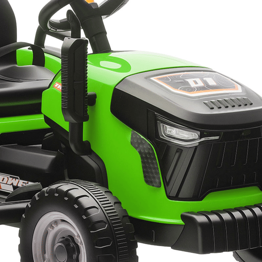 AIYAPLAY Trator Elétrico para Crianças com Reboque Desmontável Bateria 12V Velocidade 3-5 kmh Controle Remoto 2,4G Música Buzina para Crianças de 3-8 Anos 139x58x55 cm Verde