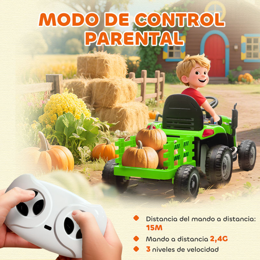 AIYAPLAY Trator Elétrico para Crianças com Reboque Desmontável Bateria 12V Velocidade 3-5 kmh Controle Remoto 2,4G Música Buzina para Crianças de 3-8 Anos 139x58x55 cm Verde