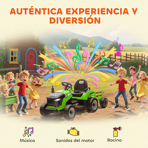 AIYAPLAY Trator Elétrico para Crianças com Reboque Desmontável Bateria 12V Velocidade 3-5 kmh Controle Remoto 2,4G Música Buzina para Crianças de 3-8 Anos 139x58x55 cm Verde