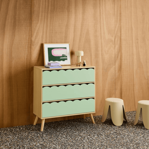 Cômoda infantil efeito madeira 3 gavetas Verde - 80x30x79 cm