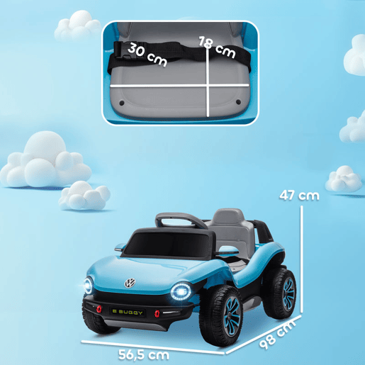 AIYAPLAY Carro Elétrico para Crianças acima de 3 Anos Volkswagen E-Buggy Bateria 12V com Controlo Remoto 2,4 G Rodas com Suspensão Faróis LED Música USB e Motor Duplo 98x56,5x47 cm Azul