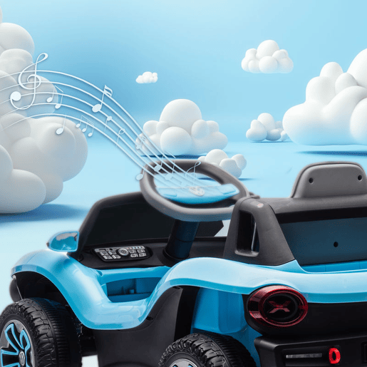 AIYAPLAY Carro Elétrico para Crianças acima de 3 Anos Volkswagen E-Buggy Bateria 12V com Controlo Remoto 2,4 G Rodas com Suspensão Faróis LED Música USB e Motor Duplo 98x56,5x47 cm Azul