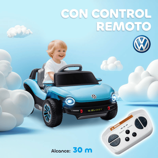AIYAPLAY Carro Elétrico para Crianças acima de 3 Anos Volkswagen E-Buggy Bateria 12V com Controlo Remoto 2,4 G Rodas com Suspensão Faróis LED Música USB e Motor Duplo 98x56,5x47 cm Azul