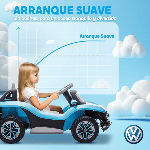 AIYAPLAY Carro Elétrico para Crianças acima de 3 Anos Volkswagen E-Buggy Bateria 12V com Controlo Remoto 2,4 G Rodas com Suspensão Faróis LED Música USB e Motor Duplo 98x56,5x47 cm Azul