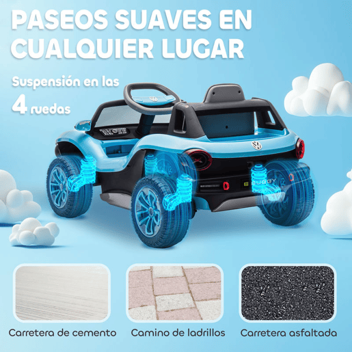 AIYAPLAY Carro Elétrico para Crianças acima de 3 Anos Volkswagen E-Buggy Bateria 12V com Controlo Remoto 2,4 G Rodas com Suspensão Faróis LED Música USB e Motor Duplo 98x56,5x47 cm Azul