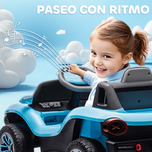 AIYAPLAY Carro Elétrico para Crianças acima de 3 Anos Volkswagen E-Buggy Bateria 12V com Controlo Remoto 2,4 G Rodas com Suspensão Faróis LED Música USB e Motor Duplo 98x56,5x47 cm Azul