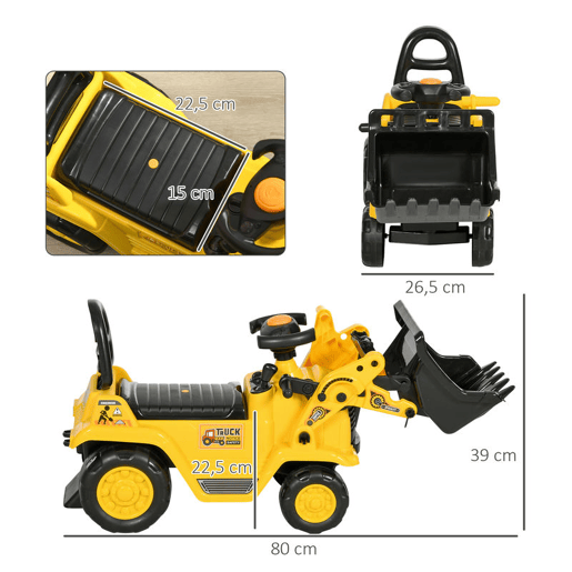 HOMCOM Carro Andador para Crianças de 18 a 48 Meses Escavadora para Crianças com Pá Dianteira Buzina Volante e Compartimento Oculto sob o Assento Carga 30 kg 80x26,5x39 cm Amarelo