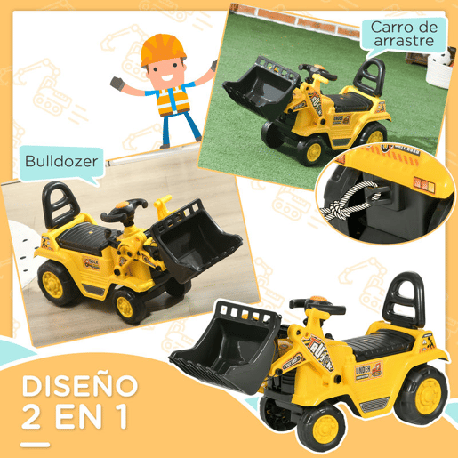HOMCOM Carro Andador para Crianças de 18 a 48 Meses Escavadora para Crianças com Pá Dianteira Buzina Volante e Compartimento Oculto sob o Assento Carga 30 kg 80x26,5x39 cm Amarelo