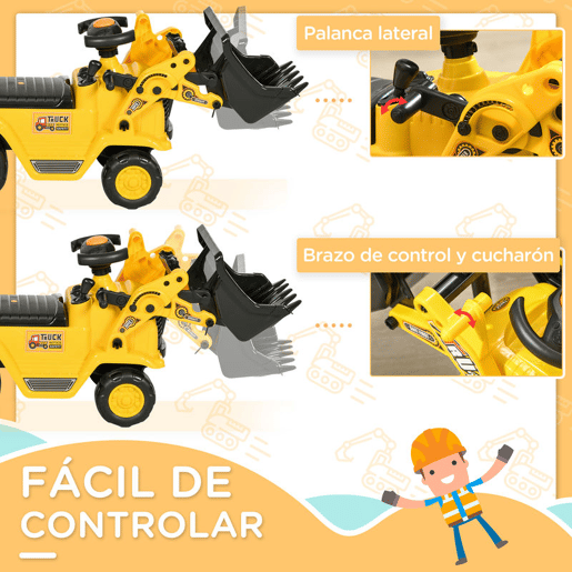 HOMCOM Carro Andador para Crianças de 18 a 48 Meses Escavadora para Crianças com Pá Dianteira Buzina Volante e Compartimento Oculto sob o Assento Carga 30 kg 80x26,5x39 cm Amarelo