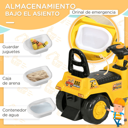 HOMCOM Carro Andador para Crianças de 18 a 48 Meses Escavadora para Crianças com Pá Dianteira Buzina Volante e Compartimento Oculto sob o Assento Carga 30 kg 80x26,5x39 cm Amarelo